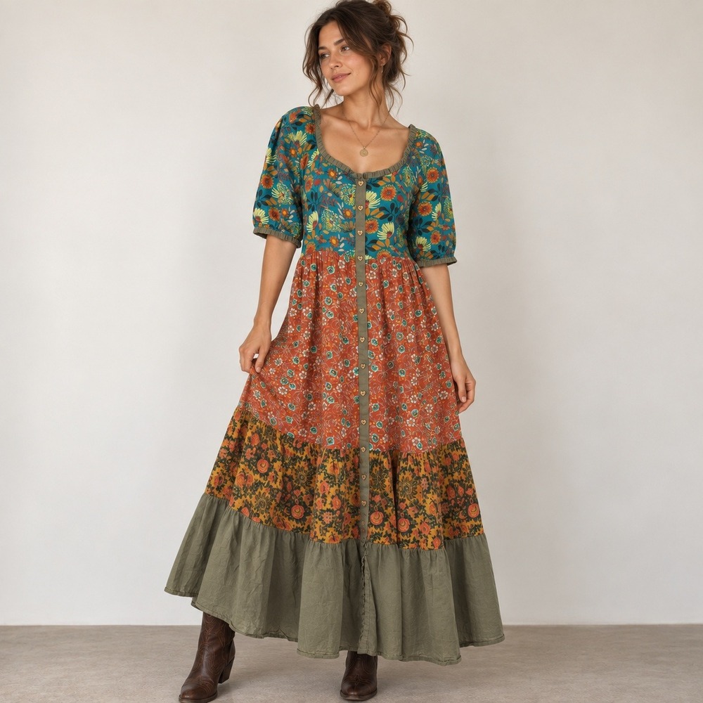 Natural Life Floral Patchwork Tiered Maxi Dress Heart Buttons Boho Med Cottage
